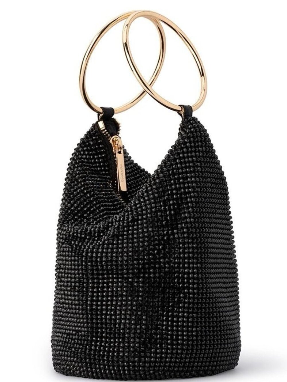 olga berg Ellie Crystal Mesh Ring Handle Bag in Black